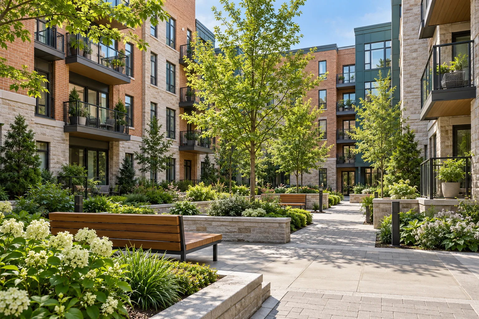 Illustrative apartment courtyard with landscaped paths
