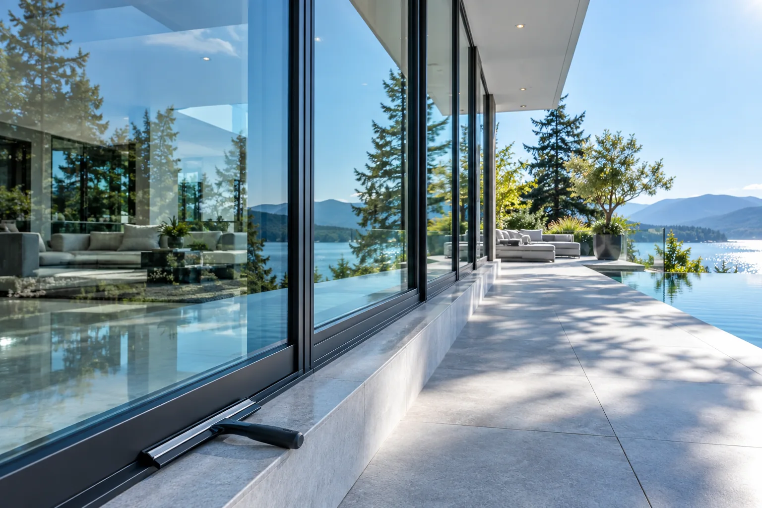 Illustrative glass-fronted home looking onto a garden patio